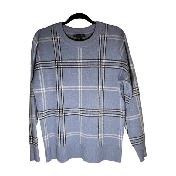 Tahari Women's Sweater Crewneck Pullover Academia Dusty Blue Plaid Size Large - Picture 2 of 9